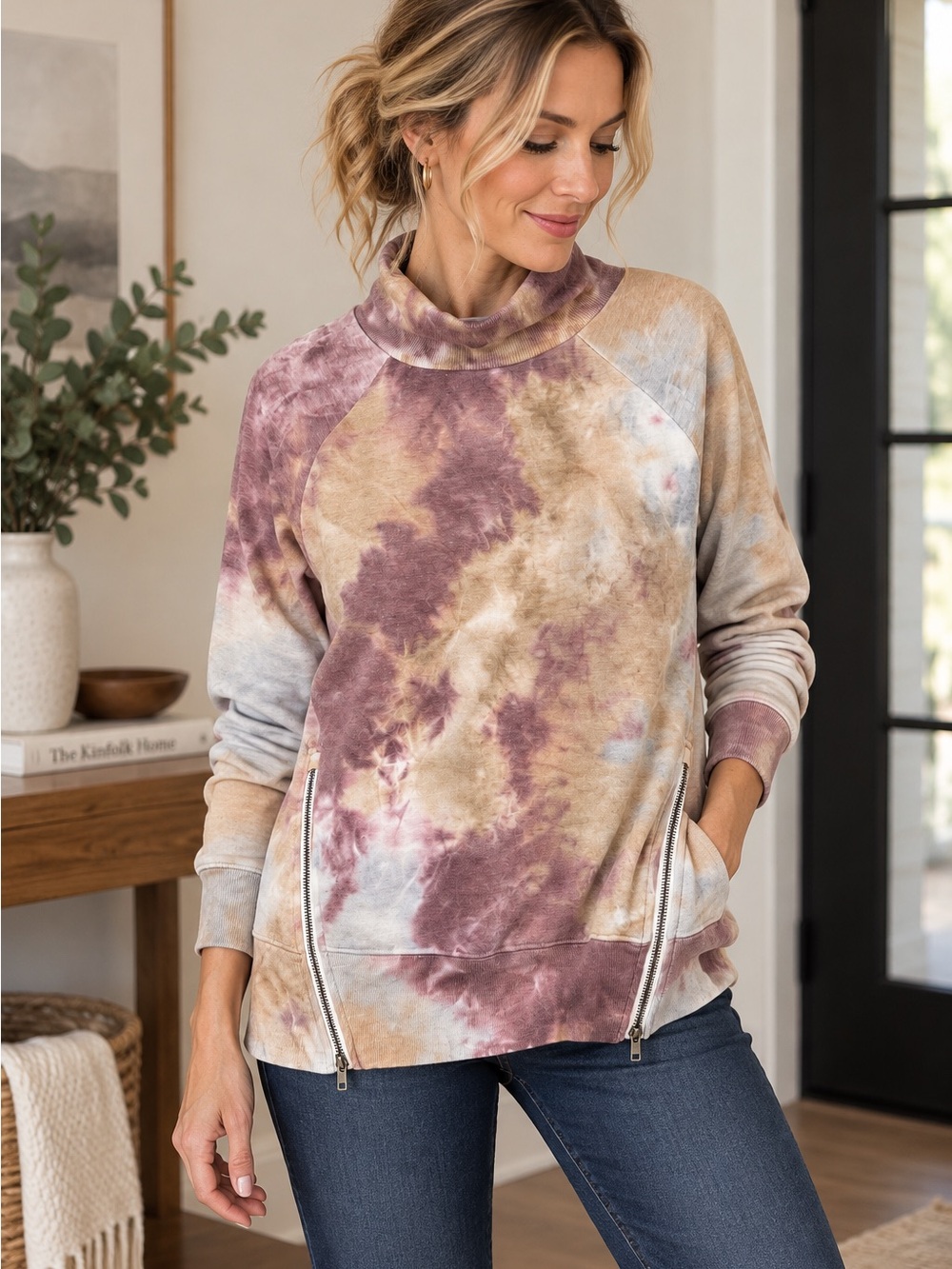 Tie-Dye Mock Neck Pullover Sweater in Mauve and Tan Medium
